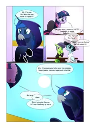 Size: 1024x1448 | Tagged: safe, artist:gashiboka, derpibooru import, princess luna, twilight sparkle, alicorn, earth pony, pegasus, pony, unicorn, comic:scar of solar, canterlot, canterlot castle, cloak, clothes, comic, dialogue, disguise, fake moustache, female, glasses, mare, sitting, unicorn twilight