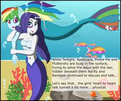 Size: 2251x1885 | Tagged: safe, artist:physicrodrigo, derpibooru import, edit, editor:rmzero, part of a set, rainbow dash, rarity, fish, mermaid, series:equestria mermaids, equestria girls, belly button, black eye, breasts, cloud, coral, curse, cursed, dialogue, dragon ball (object), female, fight, gills, implied applejack, implied fluttershy, implied pinkie pie, implied twilight sparkle, mermaidized, midriff, ocean, part of a series, species swap, text, underwater