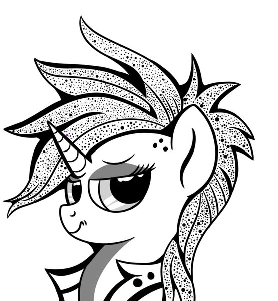 Size: 859x929 | Tagged: safe, artist:rainbowtashie, derpibooru import, rarity, pony, unicorn, alternate hairstyle, bust, female, grayscale, mare, monochrome, portrait, punk, raripunk, simple background, solo, white background