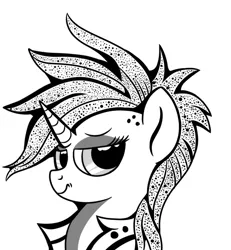 Size: 859x929 | Tagged: safe, artist:rainbowtashie, derpibooru import, rarity, pony, unicorn, alternate hairstyle, bust, female, grayscale, mare, monochrome, portrait, punk, raripunk, simple background, solo, white background