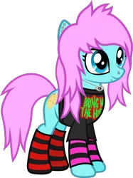 Size: 978x1310 | Tagged: safe, artist:lightningbolt, derpibooru import, oc, oc:scene chick, unofficial characters only, earth pony, pony, .svg available, arm warmers, bring me the horizon, clandestine industries, clothes, ear piercing, earring, eyeliner, female, jewelry, makeup, mare, natural hair color, necklace, nose piercing, piercing, scene, scene kid, shirt, simple background, smiling, snake bites, socks, solo, standing, striped socks, svg, transparent background, vector