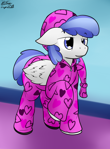 Size: 920x1245 | Tagged: safe, artist:the-furry-railfan, derpibooru import, oc, oc:white, unofficial characters only, pegasus, pony, clothes, footie pajamas, hat, heart, nightcap, pajamas