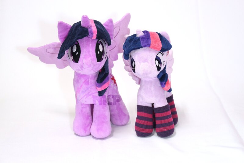 Size: 3000x2000 | Tagged: safe, artist:nekokevin, derpibooru import, twilight sparkle, twilight sparkle (alicorn), alicorn, pony, 4de, clothes, cutie mark, duo, female, irl, looking at you, mare, photo, plushie, self ponidox, simple background, smiling, socks, spread wings, starlight's little twibird, striped socks, watermark, white background, wings