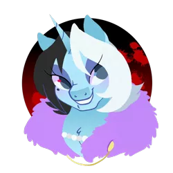 Size: 700x700 | Tagged: semi-grimdark, artist:yokokinawa, derpibooru import, oc, oc:silver duality, unofficial characters only, pony, unicorn, blood, bust, female, jewelry, mare, mole, necklace, pearl necklace, portrait, simple background, smiling, solo, transparent background