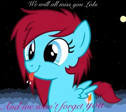 Size: 674x600 | Tagged: safe, artist:lobinchi, derpibooru import, edit, oc, oc:autumn moon, unofficial characters only, pegasus, pony, feels, female, mare, memorial, rest in peace, sad, smiling, solo, tongue out, wings