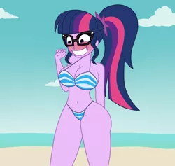 Size: 1900x1800 | Tagged: dead source, suggestive, artist:mashoart, derpibooru import, sci-twi, twilight sparkle, equestria girls, bikini, bikini babe, blushing, breasts, busty twilight sparkle, clothes, female, glasses, ponytail, solo, solo female, striped swimsuit, swimsuit, thick, thighs