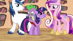 Size: 1280x720 | Tagged: safe, artist:conthauberger, derpibooru import, edit, edited screencap, screencap, princess cadance, shining armor, spike, twilight sparkle, alicorn, dragon, pony, unicorn, it's about time, female, golden oaks library, male, mare, puffy cheeks, stallion, tickling, unicorn twilight