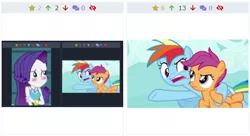 Size: 613x334 | Tagged: safe, derpibooru import, edit, edited screencap, screencap, rainbow dash, rarity, scootaloo, derpibooru, equestria girls, equestria girls series, rollercoaster of friendship, the washouts (episode), blushing, juxtaposition, juxtaposition win, meme, meta, we need to go deeper