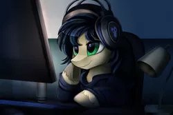 Size: 2117x1417 | Tagged: safe, artist:pridark, derpibooru import, oc, unofficial characters only, earth pony, pony, clothes, cloven hooves, commission, computer, green eyes, headphones, lamp, male, smiling, solo, underhoof