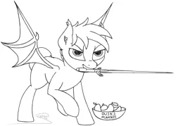 Size: 2929x2099 | Tagged: safe, artist:soctavia, derpibooru import, oc, oc:dusk mane, bat pony, angry, bat pony oc, bat wings, fighting stance, food, male, mango, sketch, solo, sword, weapon, wings