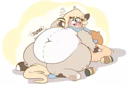 Size: 4284x2870 | Tagged: safe, artist:graphenescloset, derpibooru import, oc, oc:cappuccino blanket, unofficial characters only, earth pony, original species, plush pony, bashful, belly, belly button, big belly, blushing, clothes, coffee, cute, fat, female, huge belly, leaning back, obese, pillow, plushie, scarf, simple background, solo, squishy, stomach noise