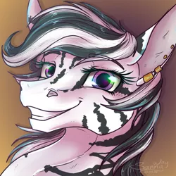 Size: 800x800 | Tagged: artist:sunny way, bust, commission, derpibooru import, ear piercing, earring, gradient background, happy, jewelry, looking at you, oc, oc:bakari, piercing, portrait, rcf community, safe, smiling, solo, stripes, teeth, unofficial characters only, zebra, zebra oc