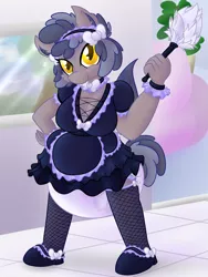 Size: 1200x1600 | Tagged: suggestive, artist:plinkie_poi, derpibooru import, oc, oc:plinkie poi, unofficial characters only, anthro, bat pony, breasts, clothes, cute, diaper, diaper fetish, duster, female, fetish, fishnets, maid, ocbetes, poofy diaper, solo, solo female