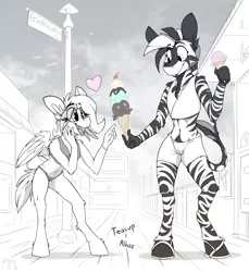 Size: 1985x2164 | Tagged: allycup, anthro, artist:ralek, beach, belly button, bird, boardwalk, bow, clothes, cute, date, derpibooru import, female, food, heart, hoof shoes, hot pants, ice cream, ice cream cone, interspecies, male, monochrome, neo noir, oc, oc:alhazred, oc:teacup cake, oc x oc, partial color, pegasus, safe, sandals, seagull, shipping, size difference, source needed, sprinkles, straight, swimsuit, tail bow, trap, unguligrade anthro, wings, zebra