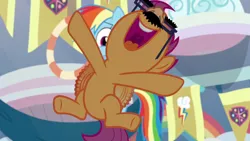 Size: 1280x720 | Tagged: buzzing wings, derpibooru import, disguise, excited, flapping, floating, groucho mask, marks for effort, nose in the air, open mouth, rainbow dash, safe, scootaloo, screencap, volumetric mouth, wings