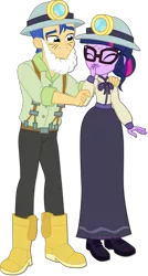 Size: 1600x2982 | Tagged: safe, artist:jucamovi1992, derpibooru import, flash sentry, sci-twi, twilight sparkle, equestria girls, equestria girls series, opening night, boots, clothes, costume, couple, dress, eyes closed, fake beard, female, flashlight, glasses, helmet, male, sciflash, shipping, shoes, simple background, smiling, straight, theater, transparent background, vector