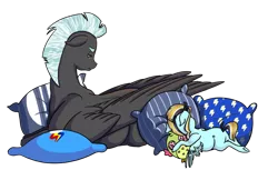 Size: 1024x663 | Tagged: safe, artist:paris-the-platypus, derpibooru import, thunderlane, oc, pegasus, pony, father and child, father and daughter, female, filly, male, offspring, parent:rainbow dash, parent:thunderlane, parents:thunderdash, pillow, prone, simple background, sleeping, transparent background