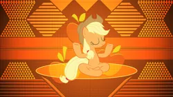 Size: 3840x2160 | Tagged: safe, artist:laszlvfx, artist:razoredge2312, artist:uxyd, derpibooru import, edit, applejack, earth pony, pony, a rockhoof and a hard place, cowboy hat, eyes closed, female, hat, lotus position, mare, meditating, smiling, solo, stetson, wallpaper, wallpaper edit, yoga