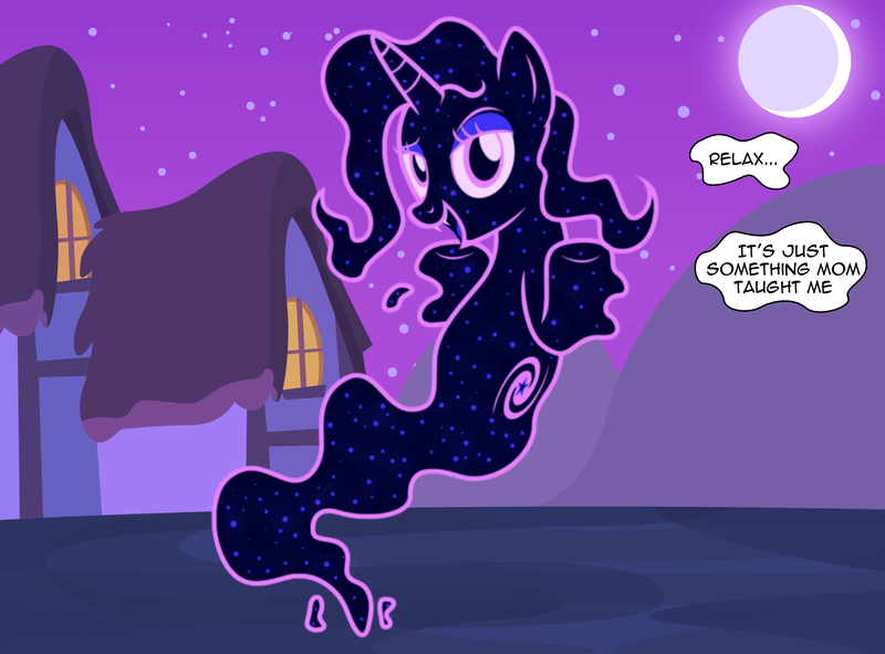 Size: 2956x2185 | Tagged: safe, artist:badumsquish, derpibooru import, trixie, hybrid, alternate cutie mark, dialogue, dreamworks face, fangs, female, floating, half-pony, night, parent:tantabus, shrug, solo, species swap, talking to viewer, transformation