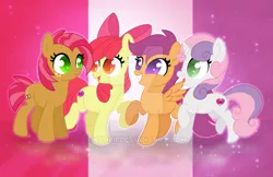 Size: 800x518 | Tagged: safe, artist:karzii, derpibooru import, apple bloom, babs seed, scootaloo, sweetie belle, earth pony, pegasus, pony, unicorn, colored pupils, cutie mark, cutie mark crusaders, deviantart watermark, female, filly, obtrusive watermark, smiling, the cmc's cutie marks, watermark