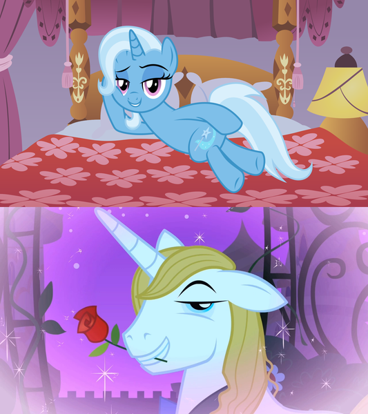 Size: 1920x2160 | Tagged: safe, artist:3d4d, derpibooru import, edit, edited screencap, screencap, prince blueblood, trixie, pony, unicorn, road to friendship, the best night ever, bed, bluetrix, draw me like one of your french girls, female, floppy ears, flower, flower in mouth, looking back, male, mare, mouth hold, prone, rose, rose in mouth, shipping, stallion, straight