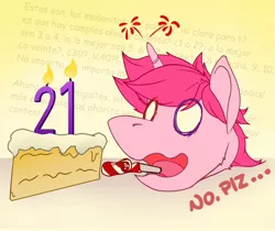 Size: 1192x1000 | Tagged: safe, artist:uliovka, derpibooru import, oc, oc:basura, unofficial characters only, pony, unicorn, birthday, birthday candles, bust, cake, disembodied head, food, male, party horn, solo, song reference, spanish, stallion, white eyes