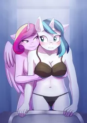 Size: 2893x4092 | Tagged: suggestive, artist:feellikeaplat, deleted from derpibooru, derpibooru import, princess cadance, shining armor, alicorn, anthro, unicorn, absurd file size, black underwear, blushing, bra, breasts, busty gleaming shield, busty princess cadance, clothes, commission, female, gleaming cadance, gleaming shield, grope, half r63 shipping, lesbian, mare, panties, rule 63, shiningcadance, shipping, underwear