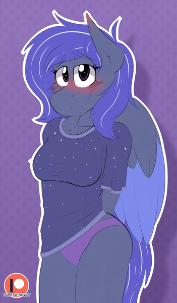 Size: 1124x1920 | Tagged: anthro, artist:fleet-wing, blushing, blushing ears, breasts, clothes, derpibooru import, female, hippogriff, oc, oc:neutrino burst, panties, patreon, patreon logo, purple underwear, rule 63, shirt, solo, suggestive, underwear, unofficial characters only, wings