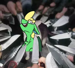 Size: 540x489 | Tagged: safe, artist:omegapex, derpibooru import, oc, oc:omega, unofficial characters only, pegasus, pony, blue eyes, exploitable meme, knife, knife cat, meme, ponified animal photo, weapon
