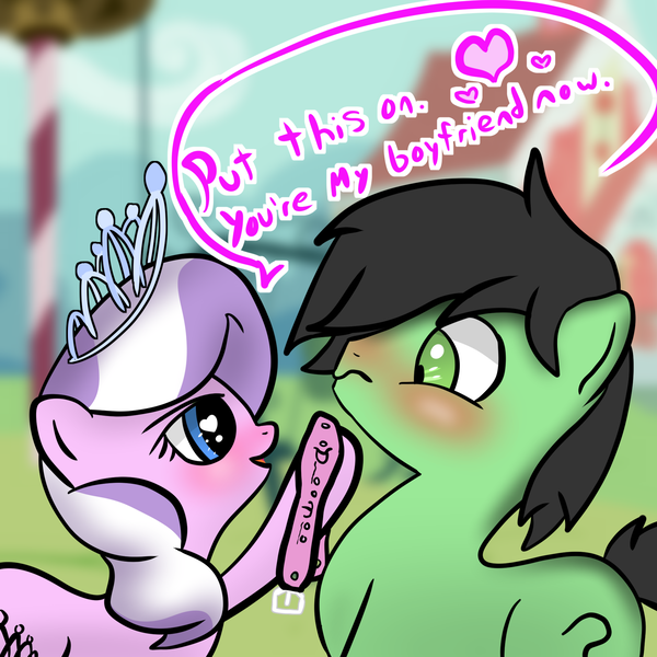 Size: 1920x1920 | Tagged: safe, artist:crimsonsky, derpibooru import, diamond tiara, oc, oc:anon, oc:colt anon, earth pony, pony, /mlp/, blushing, collar, colt, dialogue, drawthread, embarrassed, female, femdom, filly, heart, heart eyes, jewelry, male, straight, tiara, wingding eyes