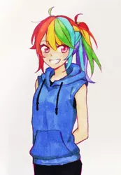 Size: 1414x2047 | Tagged: safe, artist:dcon, derpibooru import, edit, rainbow dash, human, equestria girls, clothes, female, hoodie, human coloration, humanized, solo, traditional art