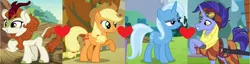 Size: 2744x700 | Tagged: safe, artist:themexicanpunisher, derpibooru import, edit, edited screencap, screencap, applejack, autumn blaze, hoo'far, trixie, earth pony, kirin, pony, saddle arabian, unicorn, road to friendship, sounds of silence, autumnjack, female, lesbian, male, mare, shipping, shipping domino, stallion, straight, tripplejack, trixfar