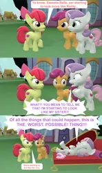 Size: 1920x3240 | Tagged: 3d, apple bloom, artist:red4567, behaving like rarity, cutie mark crusaders, derpibooru import, drama queen, fainting couch, implied rarity, marshmelodrama, mini marshmelodrama, overreaction, rarity, rarity being rarity, safe, scootaloo, source filmmaker, sweetie belle, the worst possible thing