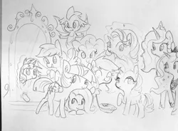 Size: 1280x944 | Tagged: safe, artist:tjpones, derpibooru import, applejack, fluttershy, pinkie pie, princess celestia, princess luna, rainbow dash, rarity, spike, starlight glimmer, sunset shimmer, twilight sparkle, twilight sparkle (alicorn), alicorn, dragon, earth pony, pegasus, pony, unicorn, equestria girls, equestria girls (movie), black and white, cute, ear fluff, eyes closed, female, grayscale, levitation, lineart, magic, magic mirror, mane seven, mane six, mare, mirror, monochrome, self-levitation, simple background, telekinesis, tjpones is trying to murder us, traditional art, winged spike