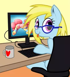 Size: 3243x3602 | Tagged: suggestive, artist:blue-vector, artist:heavymetalbronyyeah, artist:infrayellow, derpibooru import, oc, oc:cloud cuddler, unofficial characters only, pony, :p, caught, chair, clothes, computer, cup, desk, female, glasses, keyboard, looking at you, looking back, looking back at you, mare, mug, scrunchy face, silly, socks, striped socks, tongue out, trace, vector