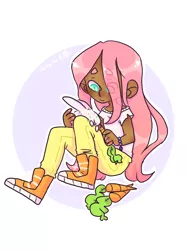 Size: 768x1024 | Tagged: angel bunny, artist:jackytheripperart, beanbrows, bracelet, carrot, clothes, converse, cute, dark skin, derpibooru import, eyebrows, eye clipping through hair, female, fluttershy, food, human, humanized, jewelry, safe, shoes, shyabetes, sneakers