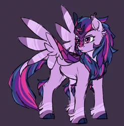 Size: 1678x1704 | Tagged: safe, artist:cloud-drawings, derpibooru import, twilight sparkle, twilight sparkle (alicorn), alicorn, kirin, winged kirin, sounds of silence, female, kirinified, purple background, simple background, solo, species swap, spread wings, wings