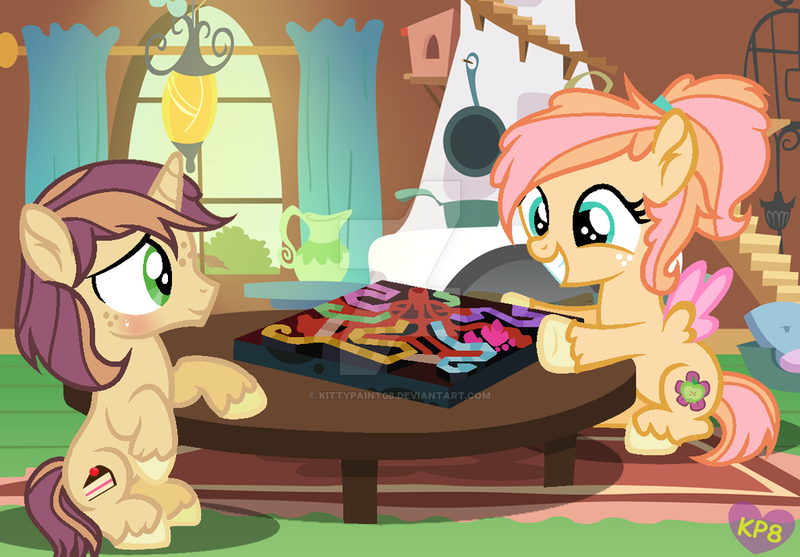 Size: 1024x713 | Tagged: safe, artist:kittypaint08, derpibooru import, oc, oc:apple flower, oc:big cake, pegasus, pony, unicorn, board game, brother and sister, colt, dragon pit, duo, female, filly, fluttershy's cottage (interior), half-siblings, male, offspring, parent:big macintosh, parent:fluttershy, parent:sugar belle, parents:fluttermac, parents:sugarmac, siblings, unshorn fetlocks