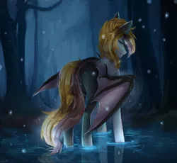 Size: 2500x2300 | Tagged: safe, artist:alicesmitt31, derpibooru import, oc, oc:aeon, unofficial characters only, bat pony, pony, bat pony oc, bat wings, digital art, female, forest, looking back, mare, scenery, signature, solo, tree, water, wings