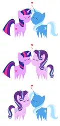 Size: 700x1468 | Tagged: safe, artist:the smiling pony, derpibooru import, edit, starlight glimmer, trixie, twilight sparkle, twilight sparkle (alicorn), alicorn, pony, unicorn, eyes closed, female, heart, kissing, lesbian, mare, pointy ponies, shipping, simple background, startrix, twistarlight, twixie, white background