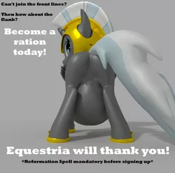Size: 4000x3974 | Tagged: grimdark, suggestive, artist:ghost reviews, deleted from derpibooru, derpibooru import, pegasus, pony, 3d, armor, belly, blender, blender cycles, bulging belly, butt, clothes, digestion, featureless crotch, female, fetish, flank, guard, implied death, implied digestion, looking at camera, looking at you, looking back, mare, non-fatal vore, plot, poster, propaganda, ration, reformation (vore), round belly, royal guard, shoes, simple background, stomach, tail, vore, war poster