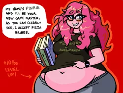 Size: 520x390 | Tagged: artist:woot, belly, belly button, big belly, book, braces, breasts, clothes, derpibooru import, dialogue, dungeons and dragons, edit, fat, female, glasses, human, humanized, nerd, obese, pants, pen and paper rpg, piggy pie, pinkie pie, pudgy pie, rpg, shirt, smiling, solo, solo female, speech bubble, suggestive, sweatpants, watch, wide hips