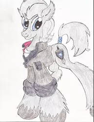 Size: 1700x2200 | Tagged: artist:wyren367, clothes, colored pencil drawing, derpibooru import, ear fluff, jacket, looking at you, male, military, military pony, military uniform, oc, oc:claymore, safe, simple background, stallion, tail band, traditional art, unofficial characters only, unshorn fetlocks