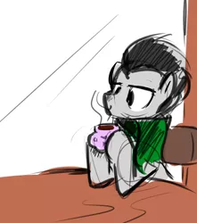 Size: 948x1074 | Tagged: safe, artist:christheblue, derpibooru import, lucky clover, earth pony, pony, background pony, chair, clothes, coffee, colored, colored sketch, cup, male, mug, scarf, simple background, sketch, stallion, table, window
