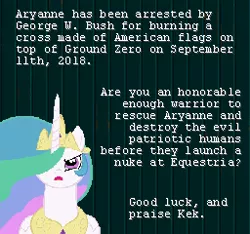 Size: 256x240 | Tagged: semi-grimdark, derpibooru import, princess celestia, oc, oc:aryanne, 9/11, 9/11 joke, bad dudes, cross burning, flag burning, george w. bush, humanity fuck no, kek, ku klux klan, misanthropy, nazi, praise kek, september 11