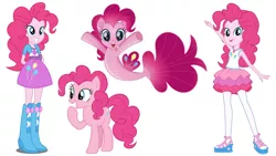 Size: 1906x1075 | Tagged: safe, derpibooru import, pinkie pie, earth pony, pony, seapony (g4), equestria girls, equestria girls series, my little pony: the movie, female, geode of sugar bombs, human ponidox, magical geodes, mare, multeity, seaponified, seapony pinkie pie, self paradox, self ponidox, simple background, species swap, that pony sure does love being a seapony, too much pink energy is dangerous, white background