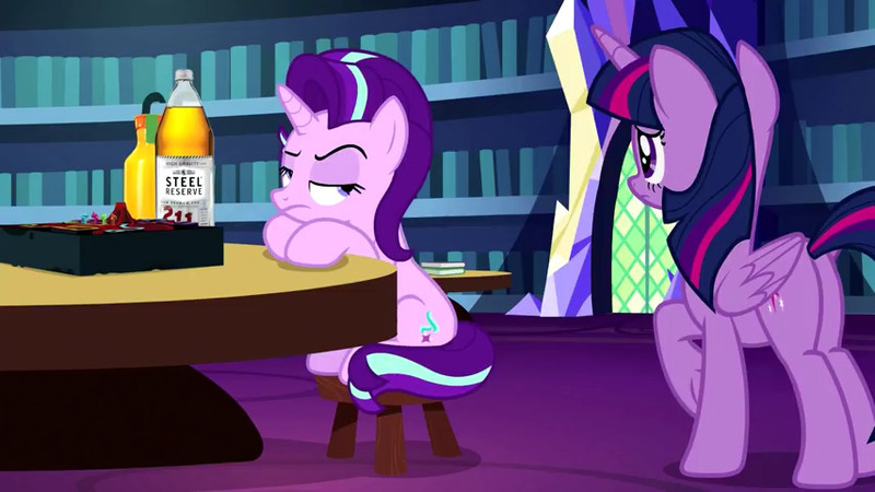 Size: 854x480 | Tagged: safe, derpibooru import, edit, edited screencap, screencap, starlight glimmer, twilight sparkle, twilight sparkle (alicorn), alicorn, pony, unicorn, totally legit recap, uncommon bond, alcohol, board game, dragon pit, sitting, youtube link