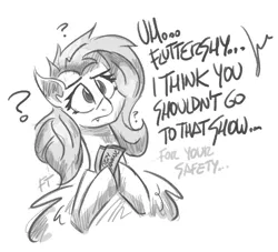 Size: 1867x1697 | Tagged: safe, artist:flutterthrash, derpibooru import, fluttershy, bat pony, bat ponified, confused, dialogue, fangs, flutterbat, monochrome, offscreen character, ozzy osbourne, race swap, ticket