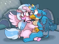 Size: 2732x2048 | Tagged: safe, artist:peanutcat62, derpibooru import, gallus, silverstream, classical hippogriff, gryphon, hippogriff, what lies beneath, blushing, body fluff, cave, chest fluff, cute, diastreamies, ear fluff, female, fluffy, gallabetes, gallstream, high res, hug, interspecies, leg fluff, male, paws, scene interpretation, shipping, straight, uncomfortable, wings