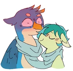 Size: 561x553 | Tagged: safe, artist:your-cup, derpibooru import, gallus, sandbar, gryphon, blushing, clothes, cute, gallabetes, gallbar, gay, male, sandabetes, scarf, shared clothing, shared scarf, shipping